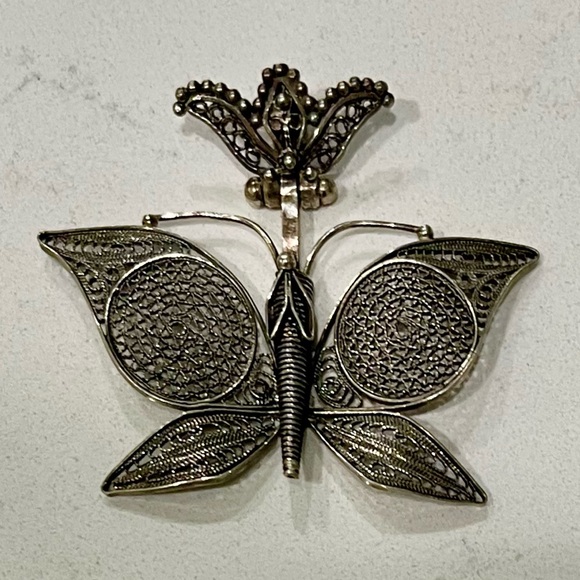 VTG DGS Turkey 925 Sterling Silver Filigree Butterfly 2" 9g Pendant Pre-owned - Picture 2 of 6